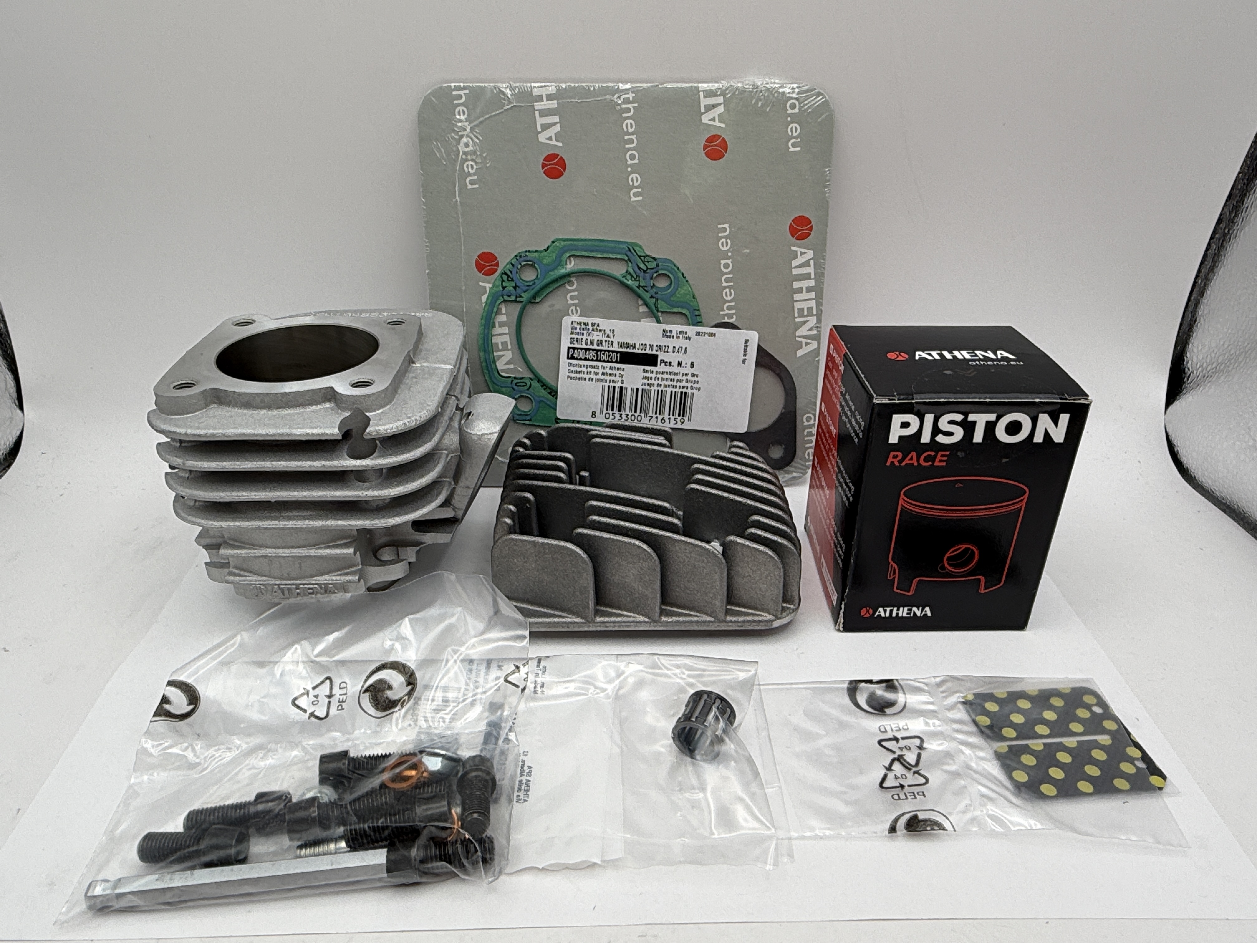 Athena Big Bore Cylinder Kit 47.60mm (+7.60mm) With Top Set, Piston, Head, Reeds Yamaha CS50 Jog 02-06, CS50 Jog R 02-05, YN50 Neo's 02-16, Aprilia SR50 94-01, Beta Ark 50 96-08, Malaguti F10 92-06, F12 94-04, F15 05-06 (70cc)