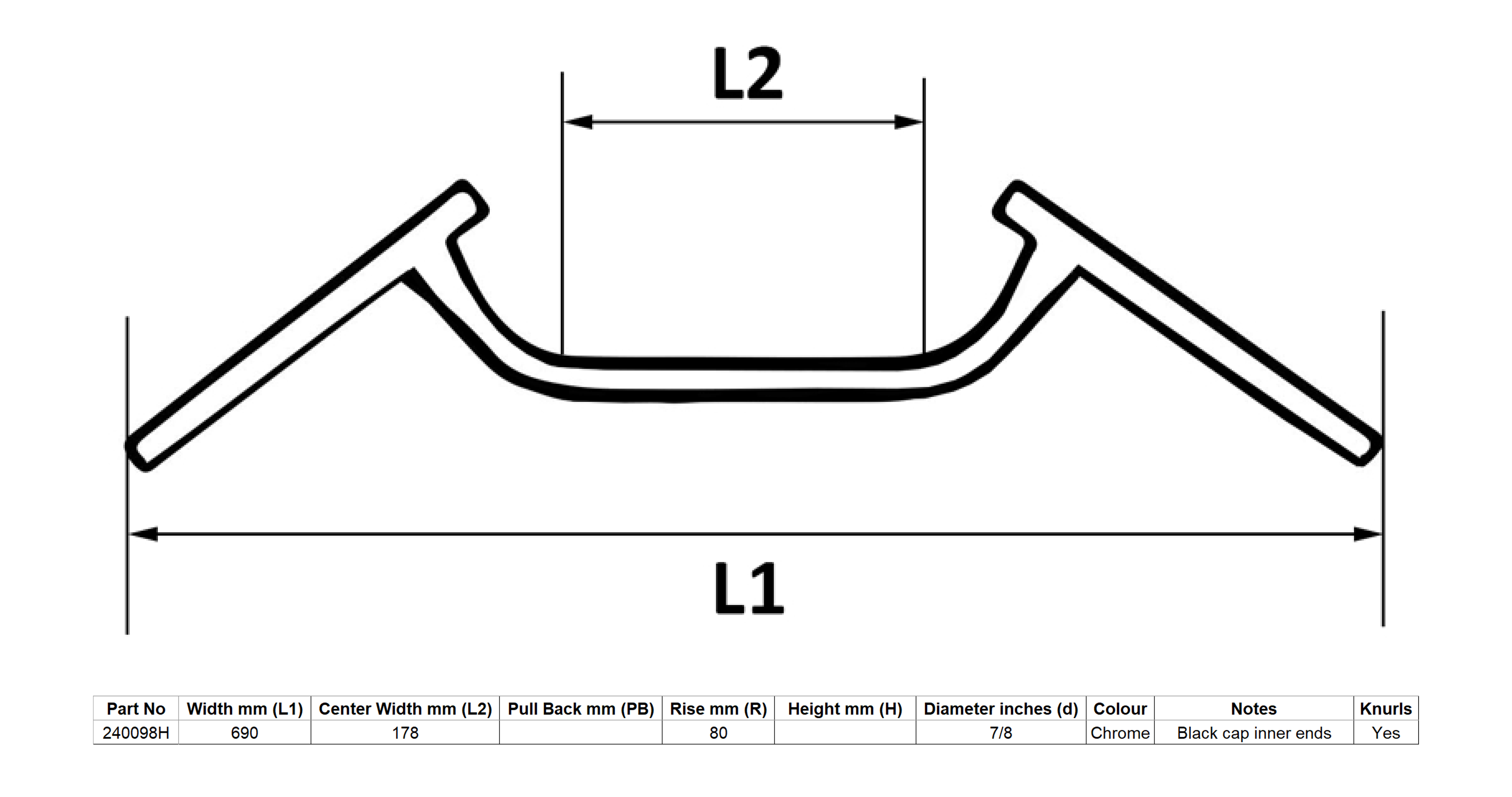 Hendler Handlebar 7/8'' Chrome Dropbar 7'' Centre & 27'' Long Cafe Racer