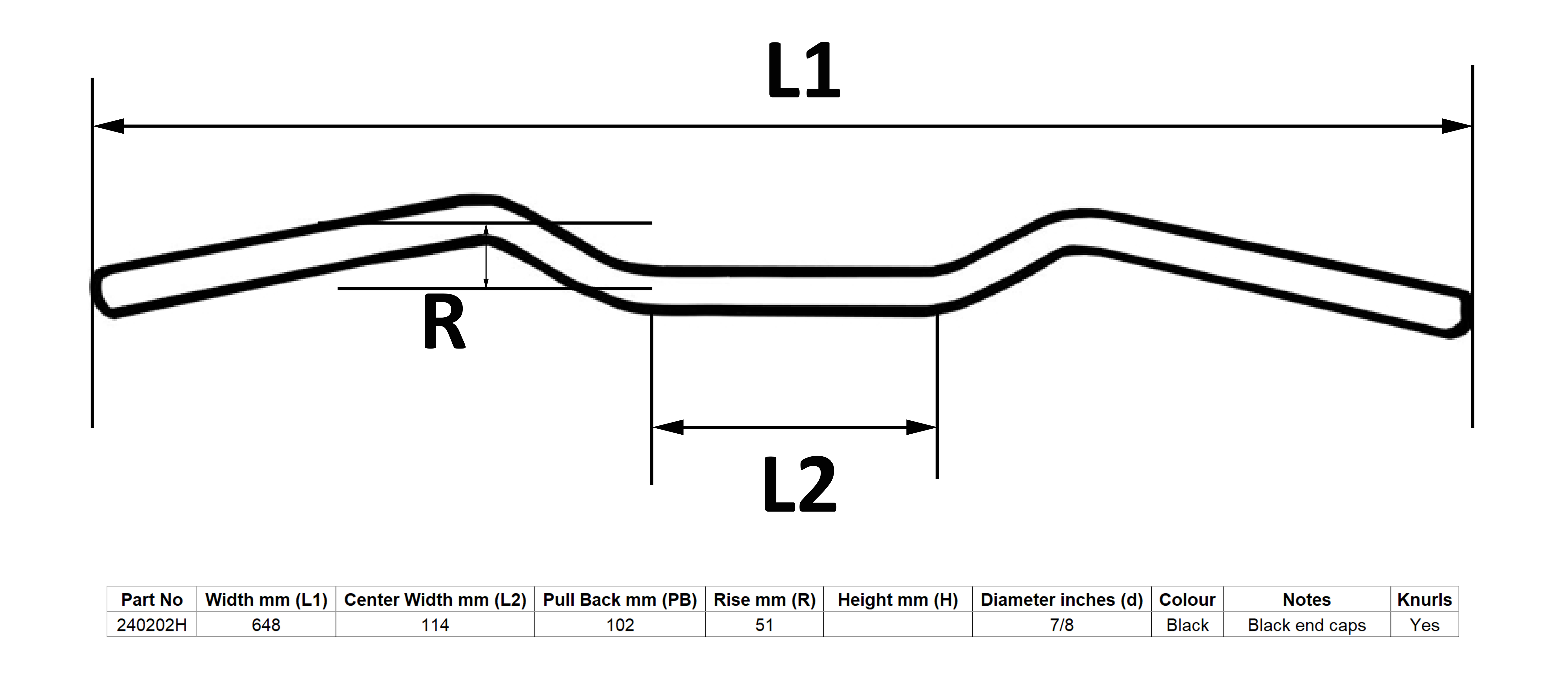 Handlebar 7/8'' Black 2'' Rise Honda CB500 1996-2002 OE Ref. 53100-MY5-860, 53100-MY5-610, 53100-MY5-G30- Dimensions 25'' Long with 5'' Centre