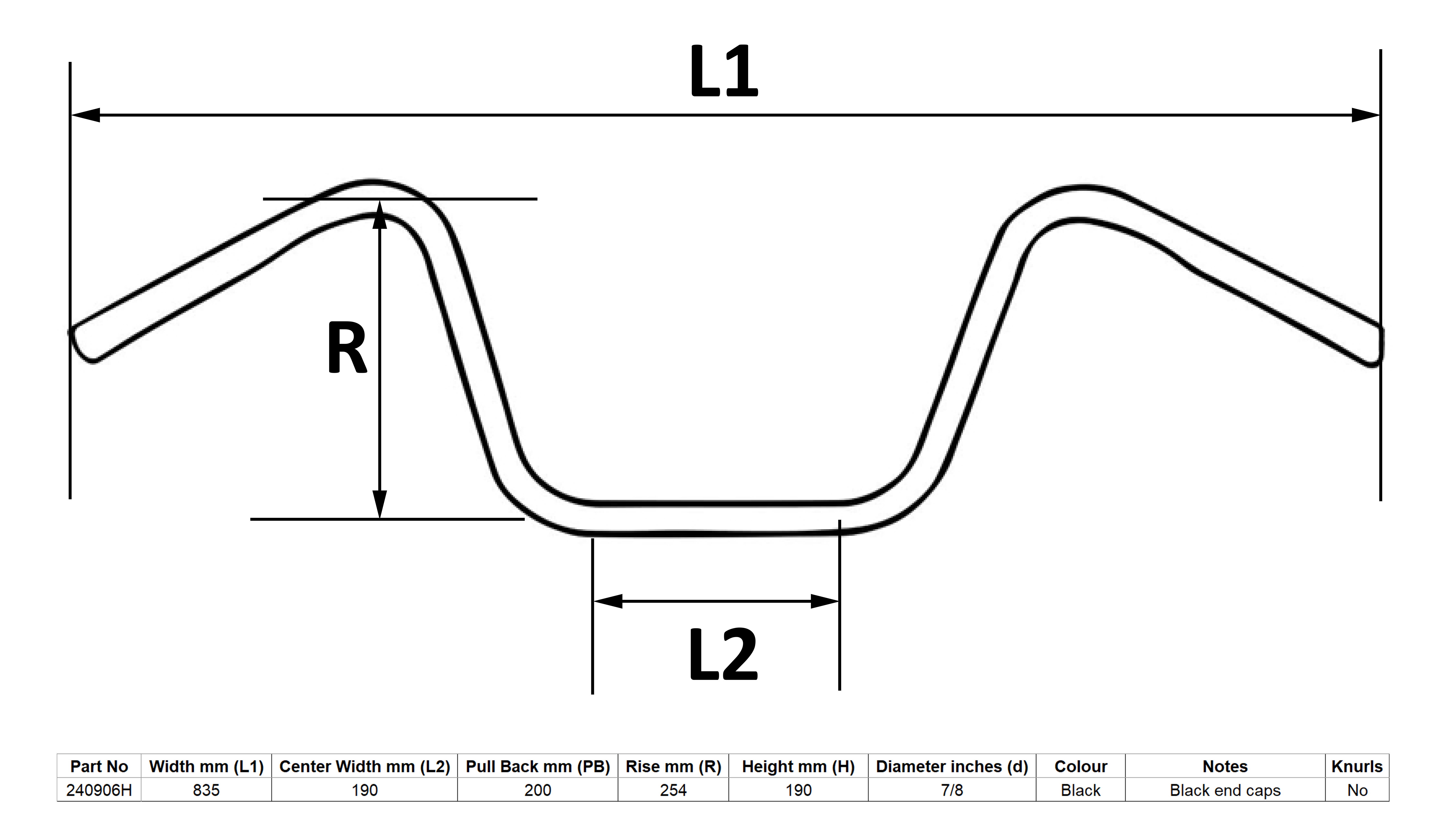 Hendler Handlebar 7/8'' Black 10'' Rise Wide Bottom