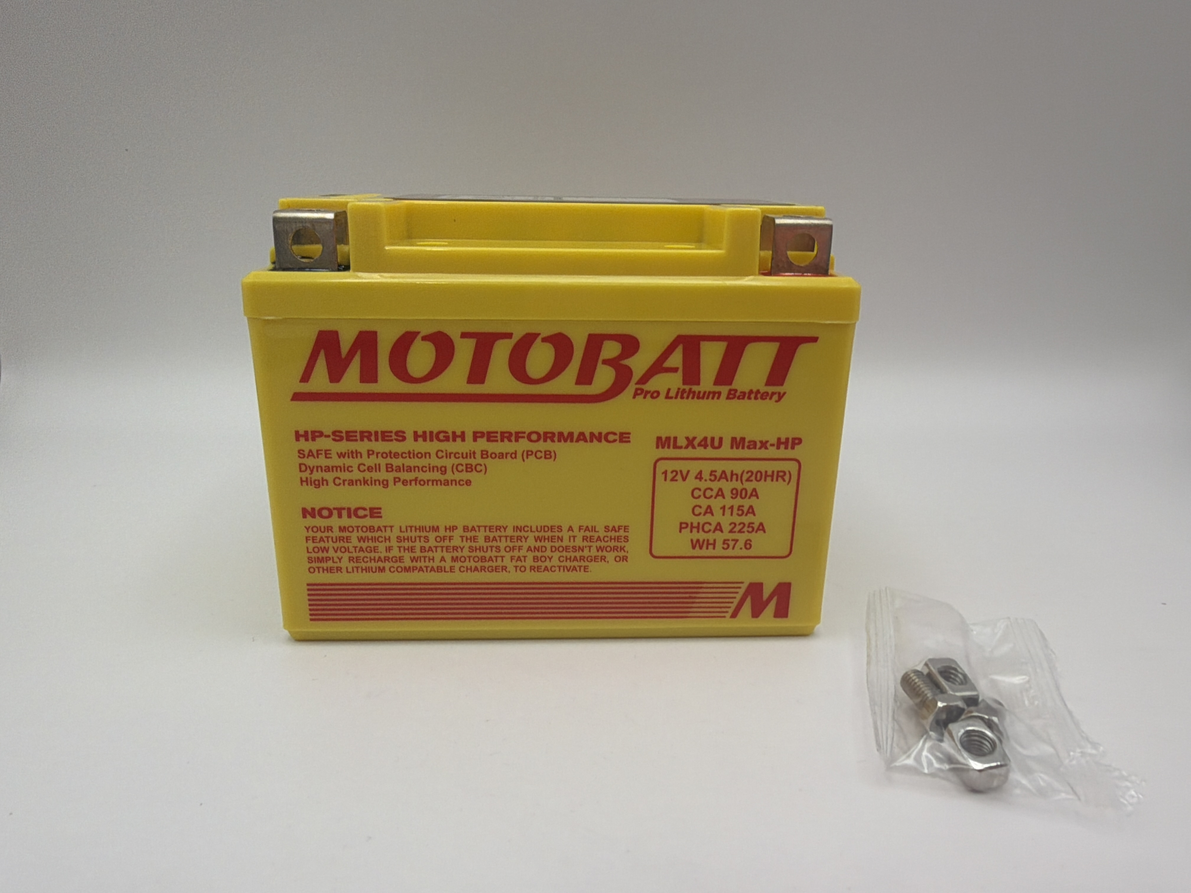Motobatt Pro Lithium Battery MLX4U Max-HP 12v 4AH CA:320A With Charge Protection YTX5L-BS, YTZ6S, YTZ7S, HY93-C L:114mm x H:87mm x W:70mm (Also Has 2x20mm Spacer)