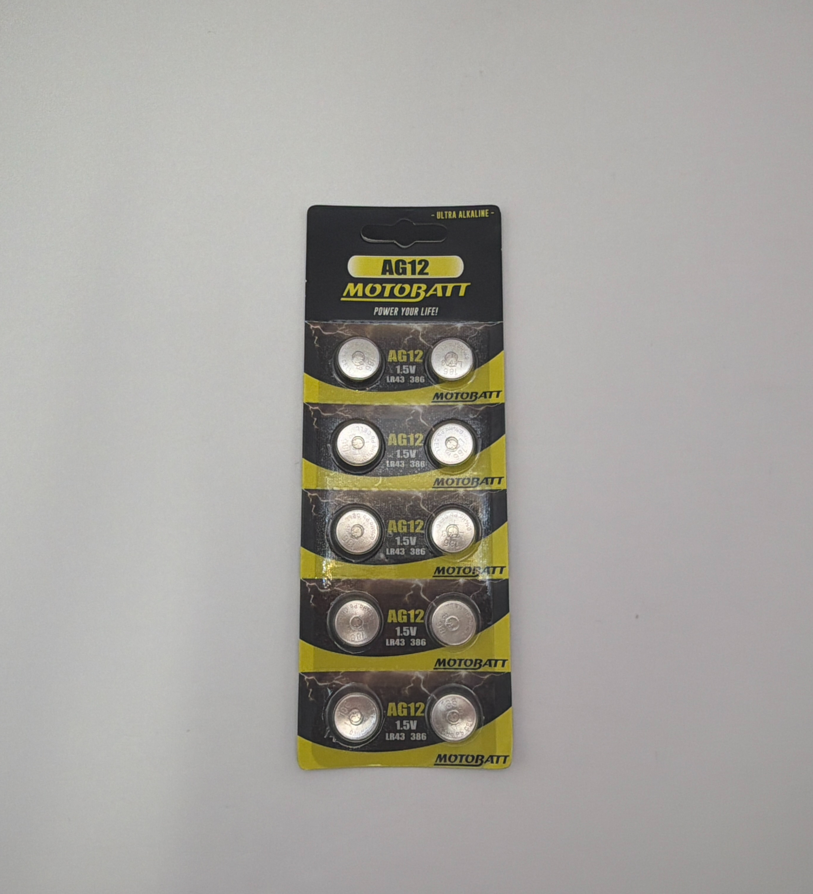 Motobatt AG12, LR43, 301, 386 1.5v 115mAH Alkaline Button Cell Batteries