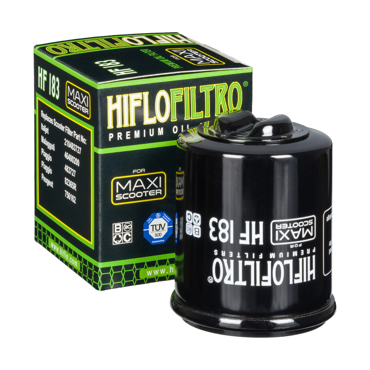 HiFlo Oil Filter Aprilia Scooter, Gilera Scooter, Peugeot Scooter, Piaggio Scooter, Vespa Scooter that use screw on canister oil filter OE Ref.756162, 483727, 82635R, 46400200, 210483727