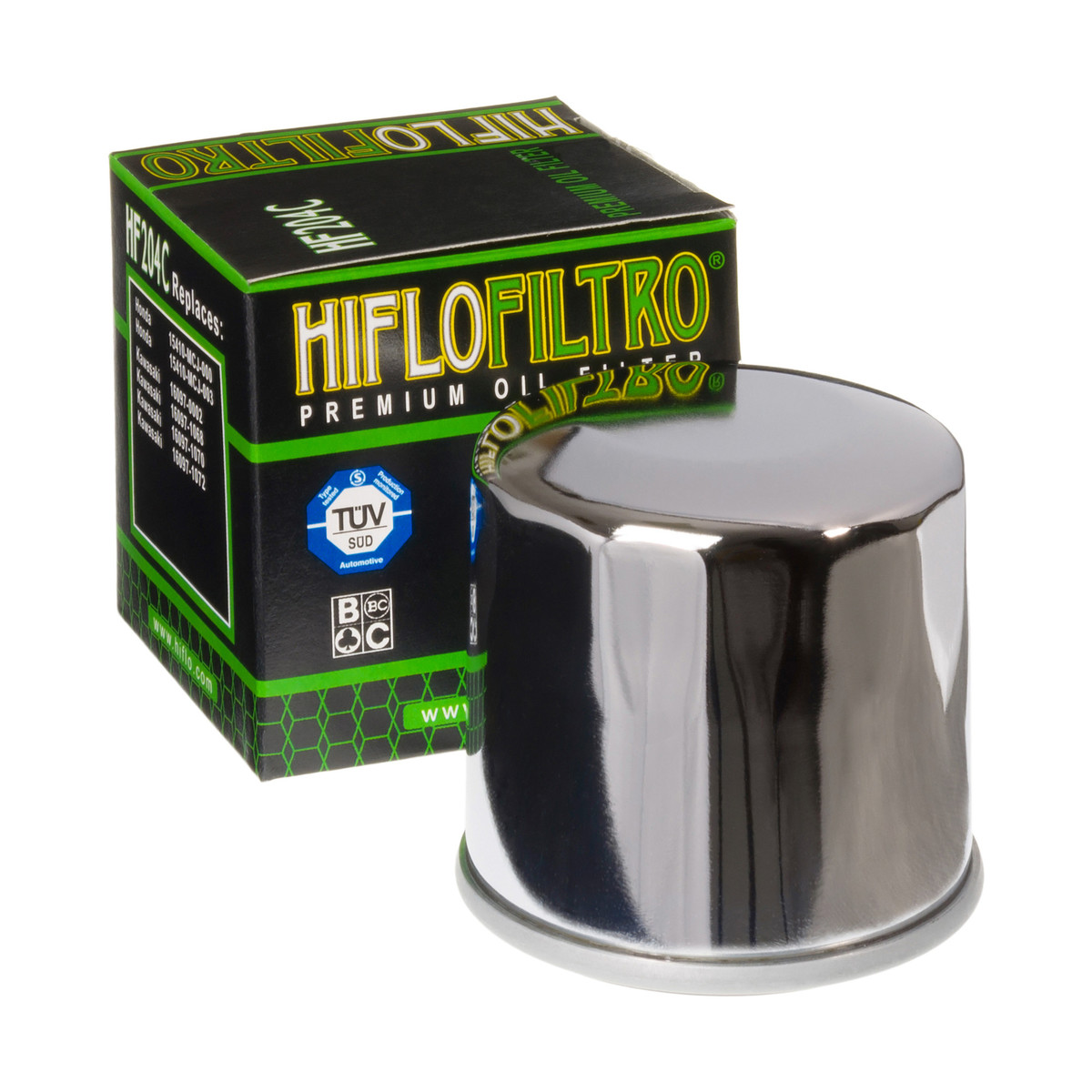 HiFlo Oil Filter HF204C Honda Small Canister 500cc to 1800cc, Kawasaki 500cc to 2000cc, Triumph 600cc to 2000cc, Yamaha 300cc to 1900cc - Chrome Oil Filter