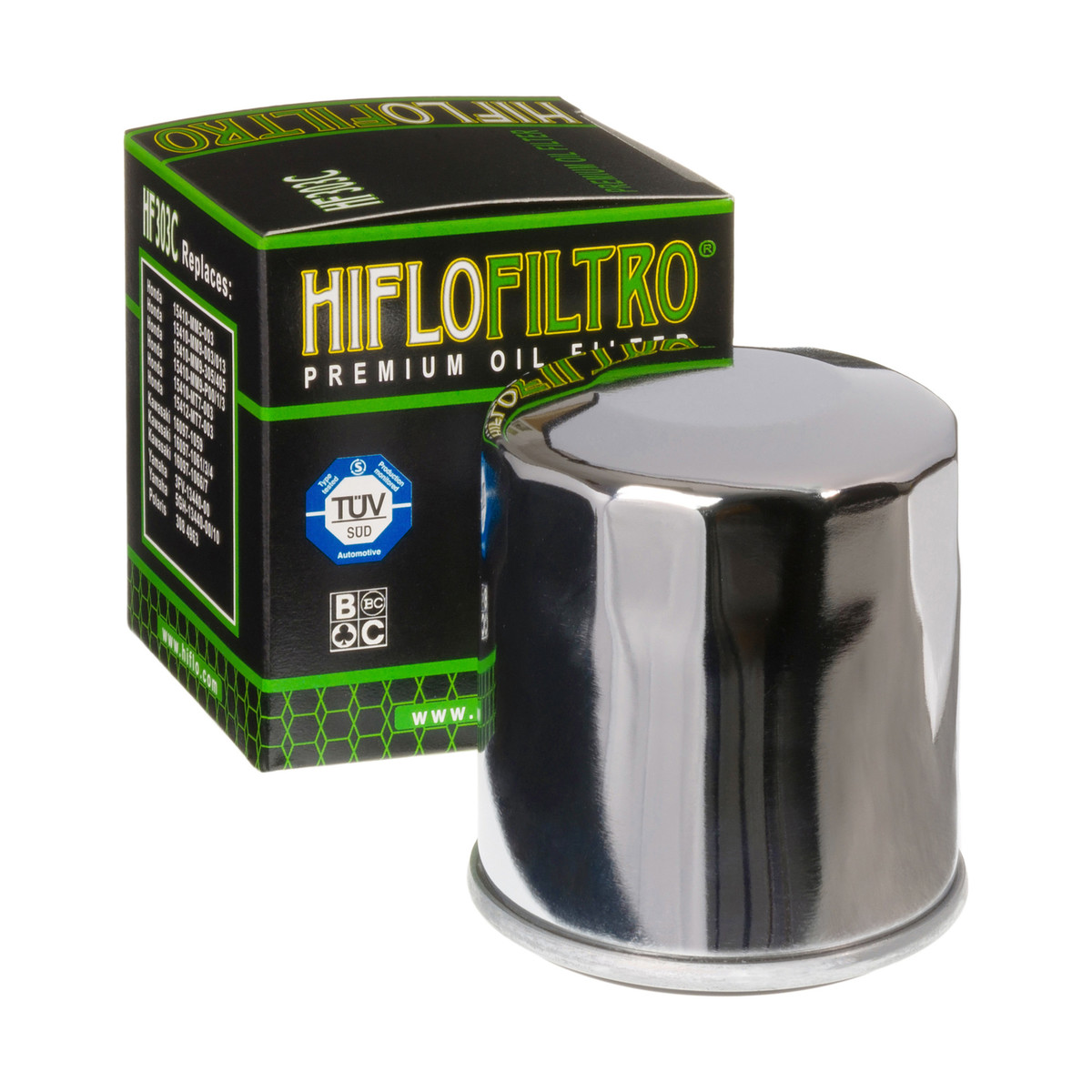 HiFlo Oil Filter Honda Small Canister 500cc to 1500cc 87-03 Kawasaki 500cc to 2000cc, Yamaha 500cc to 1900cc - Chrome Oil Filter
